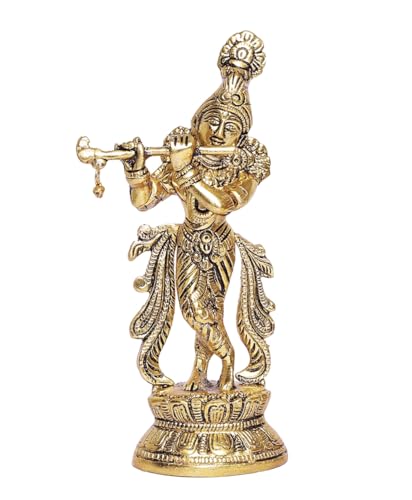 Estatua de Krishna tocando flauta, acabado dorado, 22 cm miniatura 4