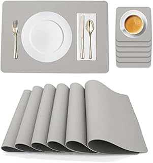 Placemats and Coaster Sets 6,Washable Non-Slip Waterproof Table Mats,Double Thickened PU Placemats,Light Gray