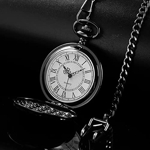 Black Large Decorative Flower Pattern Pocket Watch White Roman Digital Scale Quartz Pocket Watch, Men's Chain Christmas/Graduation/Birthday/Father's Day -Black #TOP3