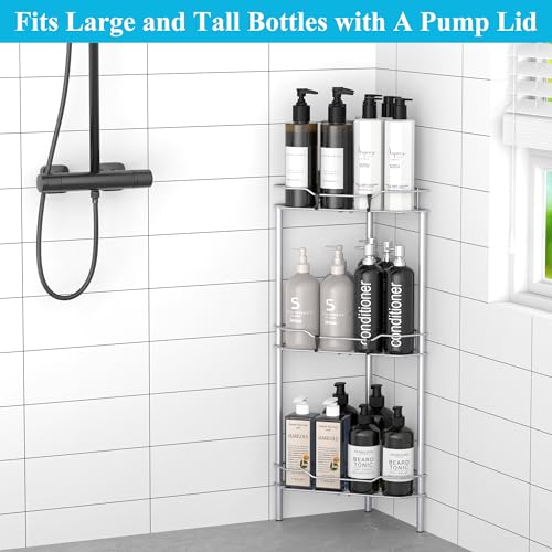 Image of HuggieGems 3 Tier Floor Standing Corner Shower Caddy Organizer Shelf with Hooks, Bathroom Shelves Stand Rack, Silver