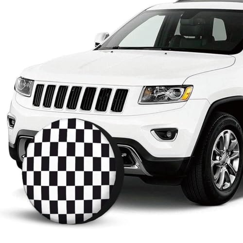 Image of Checkered Racing Flag Spare Tire Cover Black and White Symbolic Design of End of Car Race Polyester Universal Wheel Tire Cover for Trailer Camping Weatherproof for Rv SUV Truck Camper Travel 15 inch