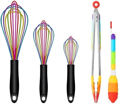 OYV Colorful Kitchen Bundle, Colorful Silicone Whisk Set of 3 and Rainbow Silicone Tongs Set of 2, Non-Scratch Cooking Tools for Nonstick Cookware, Baking, Grilling and Serving