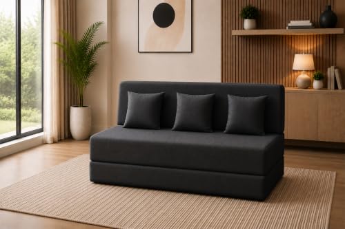 Image of Sofa Cum Bed with Jute Fabric, Convertible Three Seater Sofa Bed 5x6 Ft, Comfortable Cushioned Seating, Space Saving Design for Living Room, Bedroom & Guest Room - Black Color