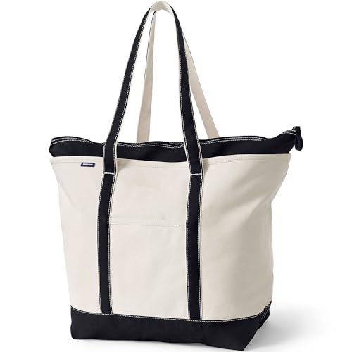 Lands' End Natural Zip Top Canvas Tote Bag Natural/black Medium Regular Handle