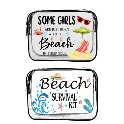 HAPPYLIVE SHOPPING 2 Pcs Makeup Bags Gifts for Women Summer Beach Cruise Swim Nurse Teacher Dance Gift Survival Kit Clear Cosmetic Bags PVC Waterproof Travel Toiletry Purses Organizer (Beach Style 3)
