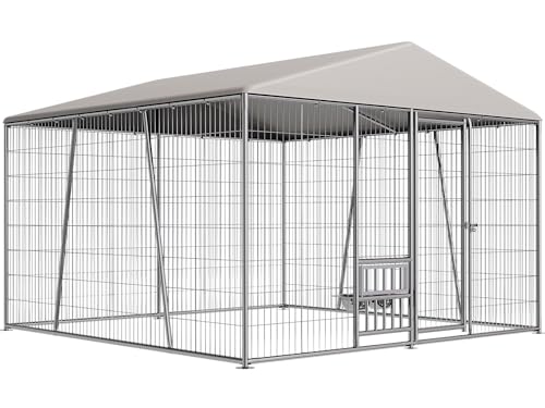Zivanti 10 x 10 x 7FT Large Outdoor Dog Kennel with Large Feeding Bowls, Dog Kennel Outside with Roof, Galvanized Heavy Duty Chain Link Outdoor Dog Run Cage with Cover and Secure Lock