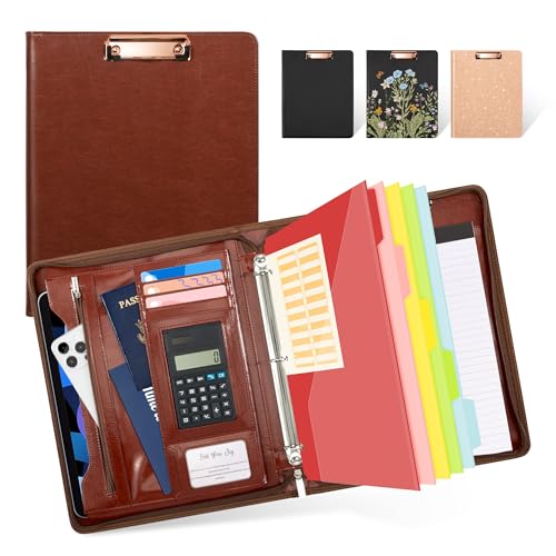 Image of Ospelelf 3 Ring Binder Portfolio Folder with Zipper- Leather Padfolio with Clipboard Storage- Calculator, 12.1 inch Tablet Sleeve, 5 Dividers with Pocket, Refillable Notepad, Card Slot (Red Brown)