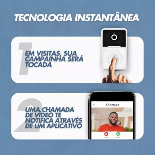 Campainha Sem Fio com Câmera e Áudio Wi-Fi Visão Noturna Interfone e App para Monitoramento em Tempo
