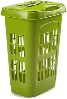 Plastic Large Family Laundry Basket, Clothes Washing laundry Hamper Linen Storage Bin Basket 65 Liter with Lid-Colors: White and Leaf Green. (Leaf Green)