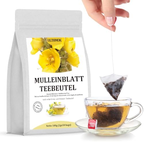 Premium Mullein Tea Königskerzenblatt Tee, 50 Teebeutel. Mullein Leaf Tea Zur Lungenreinigung und Unterstützung der Atemwege, ohne Zusatzstoffe und koffeinfrei.…