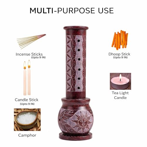 Image of Marble Soapstone Incense Holder, Red, 3x3x10 Inches | Handmade, Sunshine Design, Round Carving, Candle Burner, Tea Light Holder