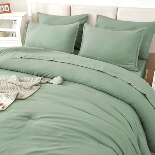 Litanika Comforter Queen Size Set Sage Green - 7 Pieces Bed in a Bag Queen Bedding Comforter Sets, Plain Lightweight Bed Set with Comforter, Sheets, Pillowcases & Shams