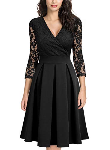MISSMAY Women's Vintage Floral Lace 2/3 Sleeve Bridesmaid Party Dress, Medium, Black