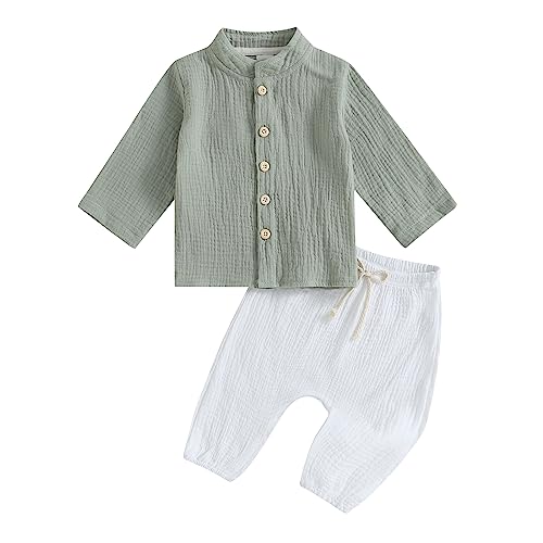 Image of VISGOGO Toddler Boy Linen Outfit Baby Boy Fall Winter Clothes Set Button-Down Shirt Tops Cotton Linen Pants 2PCS