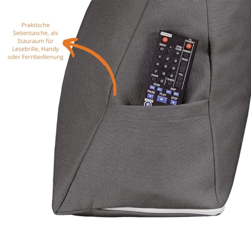 sleepling Rückenkissen Keilkissen für Bett und Sofa, Lendenkissen, dreieckiges Lesekissen, Strandkissen, Kissen mit abnehmbarem waschbarem Bezug, Seitenfach, 70 cm breit, dunkelgrau