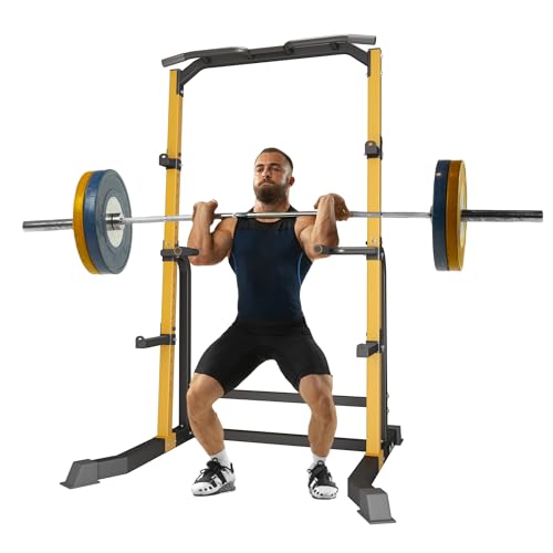 BestHFit Power Cage Squat Rack – Heavy Duty 1000LB Capacity Home Gym System with Adjustable Pull-Up Bar, Safety Spotter Arms & J-Hooks for Weight Lifting, Bench Press, Crossfit – Yellow??