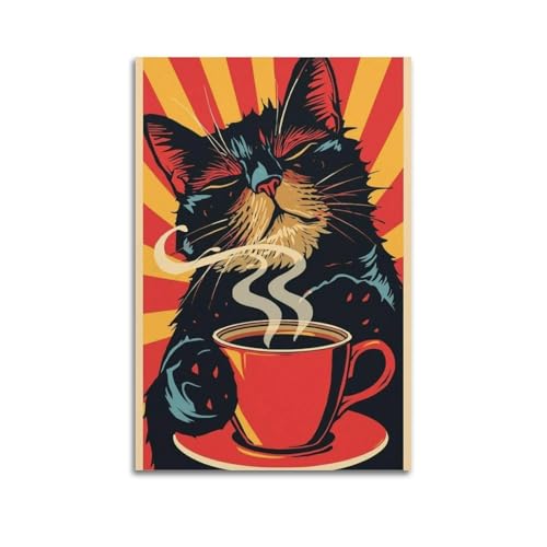Art mural chat et café de style vintage - Impression haute définition sur toile 60x90