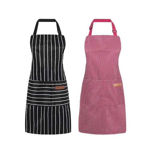 ARBINSON 2 Pack Cooking Aprons Adjustable Bib Apron for Women with 2 Pockets, Kitchen Restaurant Men Chefs Aprons (Black/Wine Stripes)