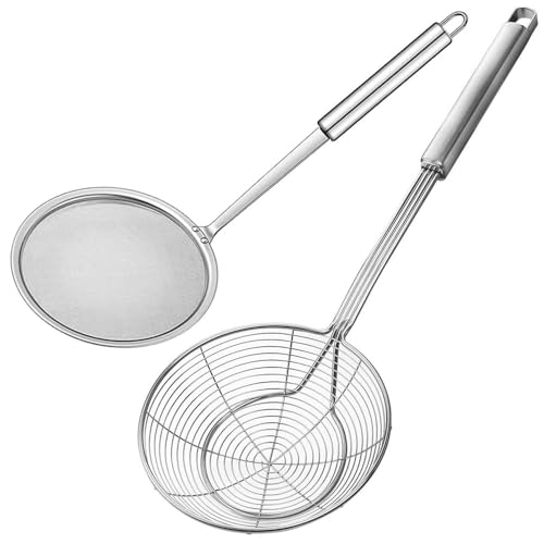 Aiareozy 2 Pezzi Ragno da Cucina Acciaio, Schiumarola Acciaio Inox, Schiumarola per Fritti, Colino Fritto, Ragno per Cucinare, Friggere, Arrostire, Pasta o Gnocchi