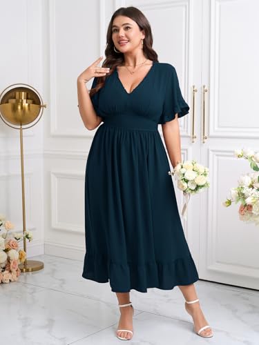 Women Plus Size V Neck Maxi Dress Short Sleeve Smocked Waist Ruffle Hem Flowy Summer Formal Wedding Guest Dresses2