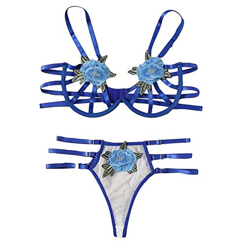 Lingerie sexy femmes : ensemble soutien-gorge en dentelle transparente et G-string brodé