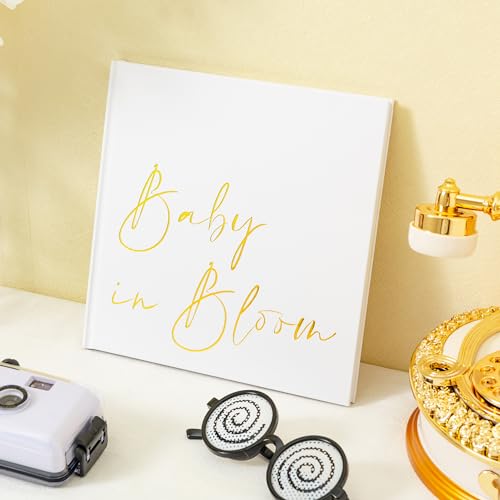 Image of Calculs Baby in Bloom Baby Shower Guest Book, Gold | 8.5-inch square hardcover keepsake book, 32 blank sheets for messages and instant photos, pen included