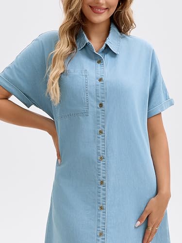 Image of Women's Midi Denim Dress Summer Short Sleeve Button Down Casual Loose Long Tunic Jean Shirt Dress