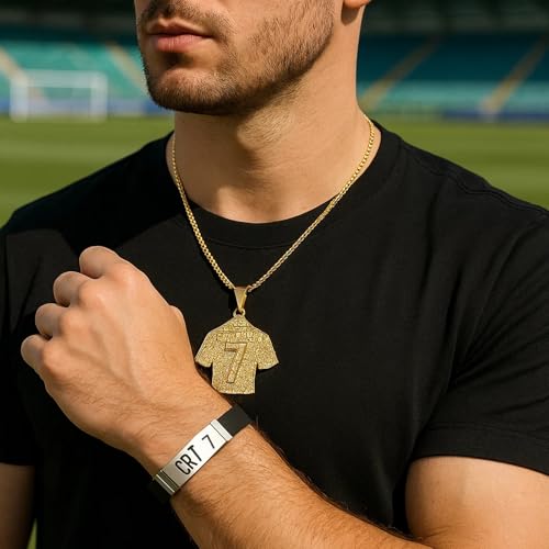 RNXSIB 3 Stück Fußball Accessoire Set mit CR7 Armband, schwarzem und goldenem Anhänger - Stilvoll und Einfach, Fußball Trikot Halskette Nr.7 Fussball Jersey Halskette Gold