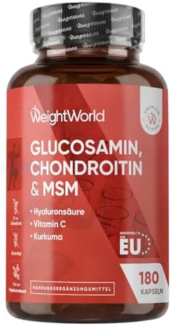 WeightWorld Glucosamin Chondroitin & MSM - 180 Stück - Täglich 1-2 Kapseln | Mit Vitamin C, Hyaluron & Bio Kurkuma, Hergestellt in der EU, Glutenfrei & Frei von Magnesiumstearat