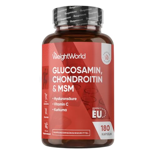 Glucosamin Chondroitin & MSM - 180 Kapseln - 1-2 Kapseln Täglich - Mit Vitamin C, Hyaluron & Bio Kurkuma - Hergestellt in der EU - Glutenfrei & Frei von Magnesiumstearat - Glucosamine von WeightWorld