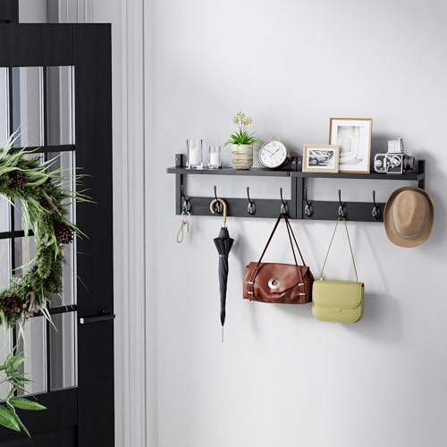 STELLSTAR Perchero de Pared con Estante, 2 Paquetes de Percheros de Pared de Bambú con 8 Ganchos para Entrada, Pasillo, Cocina, Baño, Salón, Lavadero (Negro) - imagen 2