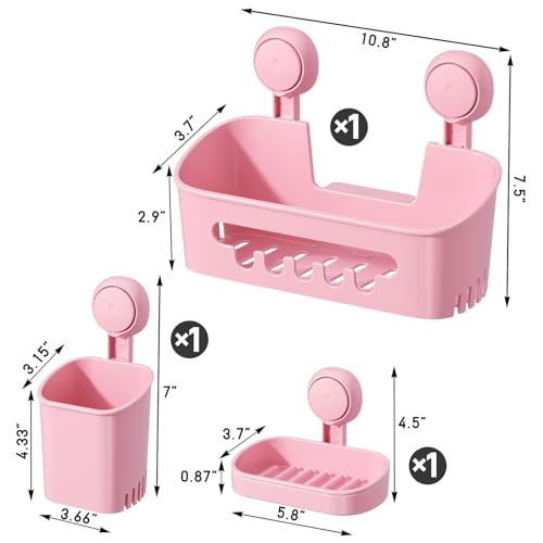 Image of LEVERLOC Shower Caddy Suction Cup Set Shower Organizer & Soap Holder & Toothbrush Holder, Bathroom Shelf Basket NO-Drilling, Removable Suction Storage Waterproof Bathroom Caddy, Pink