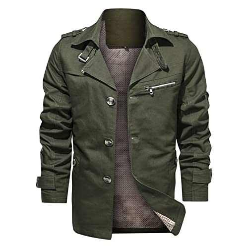 Maiyifu-GJ Men Trench Coat Single Breasted Slim fit Notch Lapel Long Jacket Lightweight Casual Button Down Windproof Overcoat (Armygreen,Large)