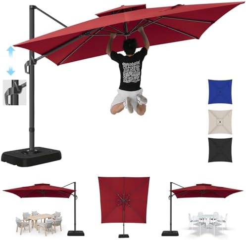 Hotime 10ft Cantilever Umbrella Outdoor Patio Umbrella Windproof Heavy Duty Double Top Offset Patio Umbrella Cantilever Pool Umbrella with 360°Rotation for Garden Deck Pool, Wine Red