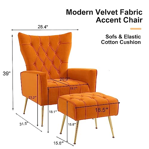 Yoodfo Accent Chair With Ottoman, Upholstered Modern Tufted Wingback Armchair With Footrest, Velvet Armchair With Golden Legs Modern Sofa Lounge Side Chair For Living Room, Bedroom 1 Set #TOP1