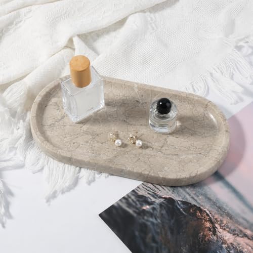 Image of Koville Natural Silver Pearl Marble Decorative Tray, 10 inch x 5 inch Marble Vanity Tray for Bathroom Countertop Organizer Stone Trays, Catchall Tray Stone Plate for Perfume, Candles, Jewelry