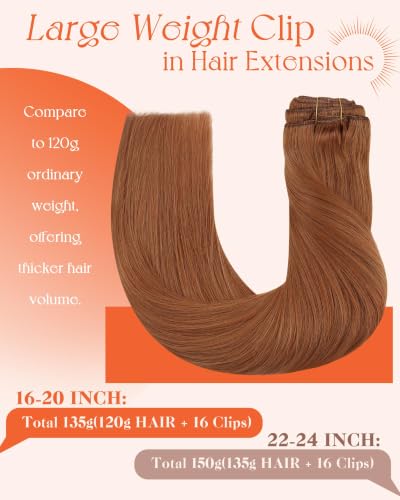 Image of Sunny Hair Clip in Hair Extensions Real Human Hair 22 Inch 150g Thick Remy Hair Clip in Extensions for Women Copper Orange Human Hair Extensions for Thin Hair