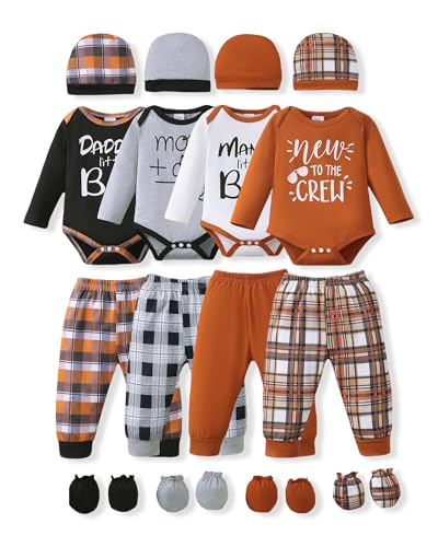 NZRVAWS Newborn Baby Boy Clothes Layette Essentials Infant Long Sleeve Romper Pants Hat 4 Pack Outfits Set Fall Winter 0-3 Months Plaid
