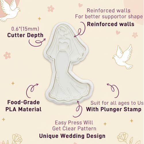 Wedding Cookie Cutters Set of 6 Dress Molds 3.5" with Plunger Stamps Baking Dough Tools Cake Shapes PLA Accessories for Birdesmaid Decorative Party Kitchen Supplies by Flycalf - Image 3