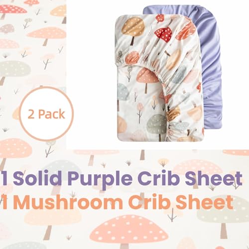 Image of SDIII 2 Pack Mushroom Crib Sheets for Boys Girls 52x28 Stretchy Microfiber Jersey Knit Fitted Crib Sheet for Standard Crib and Toddler Mattress