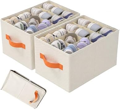 Shoe Storage Box, Large Shoes Box Storage Containers, Fits 12 Pairs, with Clear Cover and Sturdy Handles Foldable Shoe Organiser for Wardrobe 2 Pack Beige