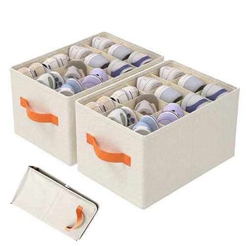 Yixinhe Shoe Storage Box, Large Shoes Box Storage Containers, Fits 12 Pairs, with Clear Cover and Sturdy Handles Foldable Shoe Organiser for Wardrobe 2 Pack Beige