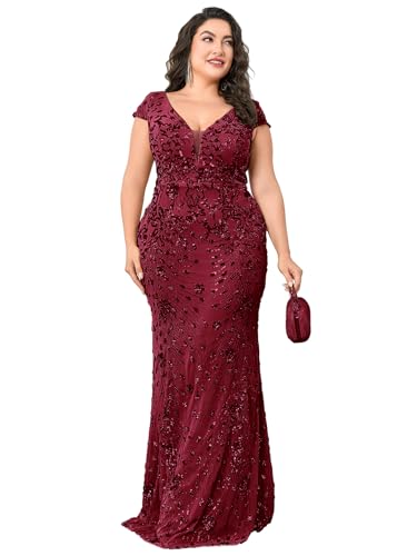 Image of Plus Size Womens Sequined Long Evening Gown Glamous Sleeveless V-Neck Mermaid Prom Dress for Wedding Party