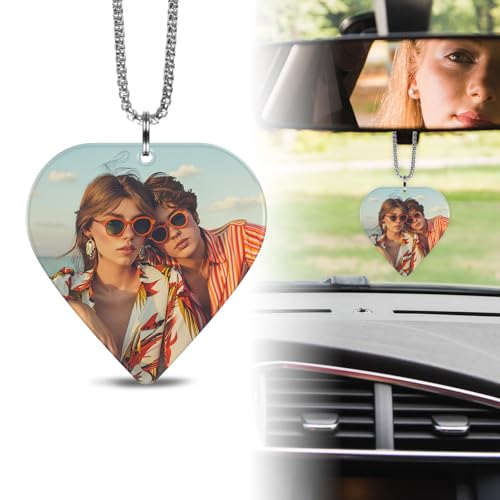 Nemufy Custom Picture Car Hanging Ornament with Photo, Personalized Double Sided Acrylic Pendant Rear View Mirror Charms Dangle (Heart)