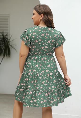Image of Celkuser Womens Plus Size Summer Casual Midi Dress Short Ruffle Sleeve Tiered Empire Waist T-Shirt Dress with Pockets