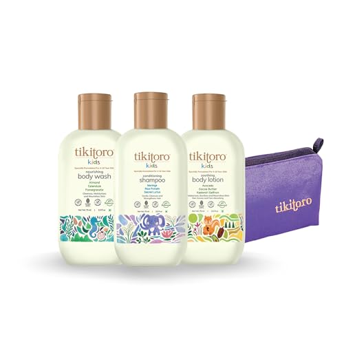 Image of Tikitoro Kids Travel Kit With Nourishing Body Wash, Soothing Body Lotion, Conditioning Shampoo, and a Travel Pouch | Gifting Set For Children (4-10 years) (3 x 75ml)