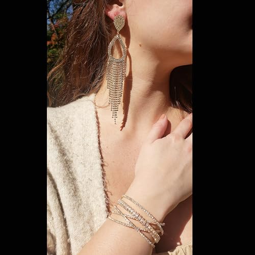 Rosemarie Collections Women's Stunning Bejeweled Crystal Rhinestone Teardrop Fringe Statement Shoulder Duster Earrings, 5.75"4