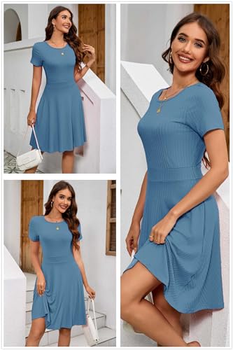 Image of Newshows Womens 2025 Summer Dresses Short Sleeve Ribbed Knit A-Line Swing Beach Vacation Outfits Casual Sundress with Pockets