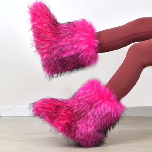 Image of Fashion Fur Boots,Flat Heel Comfy Plush Warm Snow Booties,2025 Winter Outdoors Furry Boots,Mid-Calf Faux fur Boot for Women.