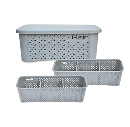 Flair Utility Multi Purpose Storage Basket Set of 3 Pcs(1 Pc Medium with Lid & 2 Pcs Ultra Home Baskets with Partitions) (Gray)
